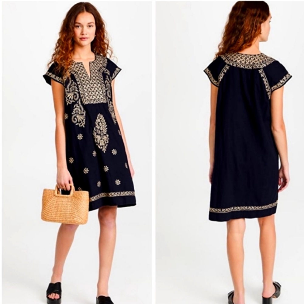 New Roller Rabbit Embroidered Dress Faith Size L Blue White Cotton
